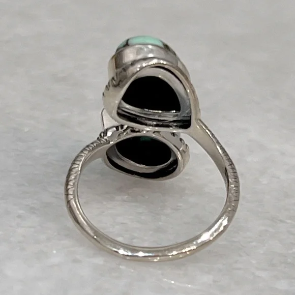 Blue Moon Turquoise Teardrop Black Oxidized Sterling Silver Bypass Silver Ring - Picture 8 of 9